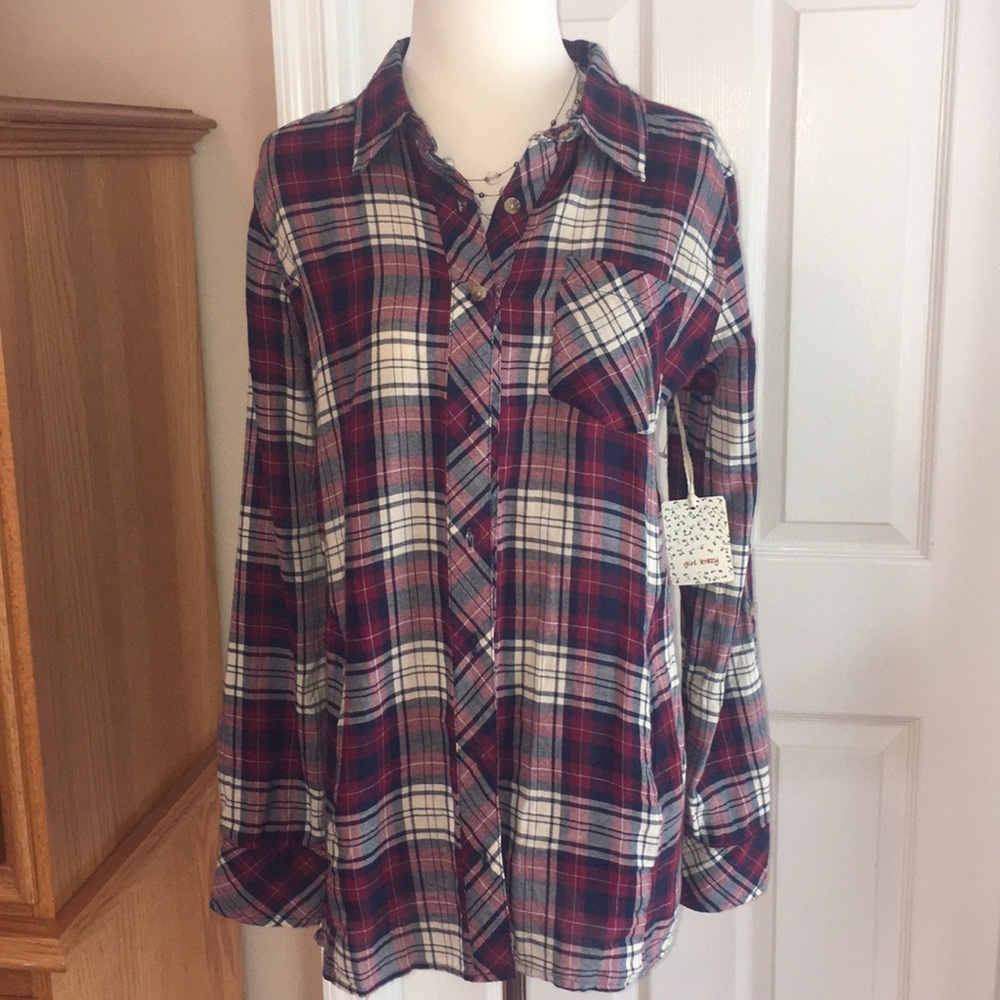 Burgundy, blue, and white plaid top - M